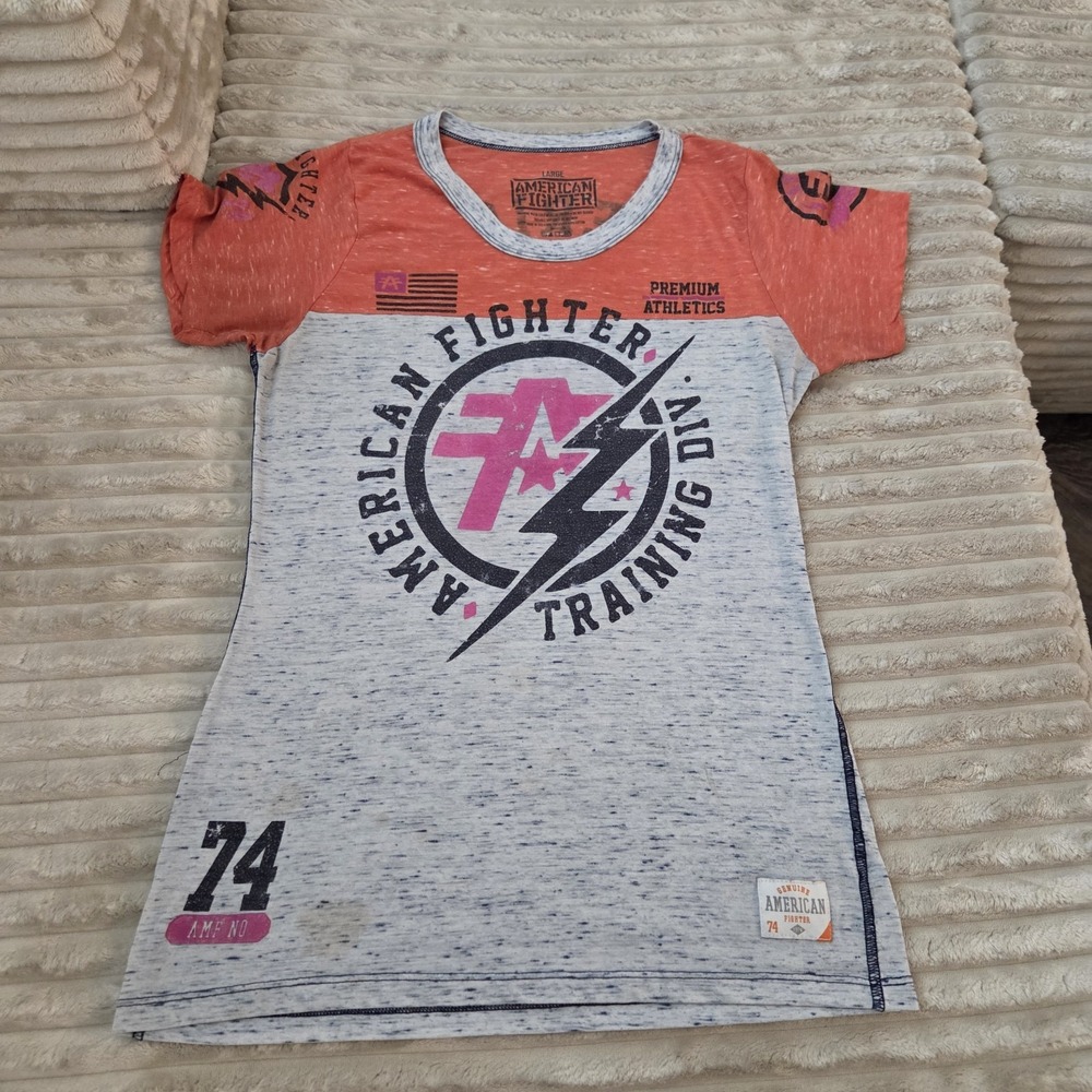 American Fighter Shirt Womens Large Grey Orange Graphic Training Div Tee Short